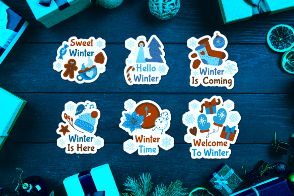 Winter Cartoon Badges Set: Cozy Holiday Design Assets